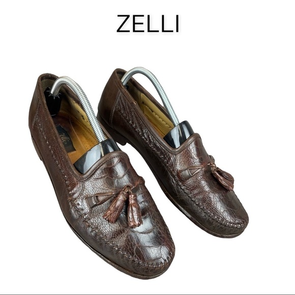 Zelli sz 9.5 brown leather reptile tassel loafers - Picture 1 of 16